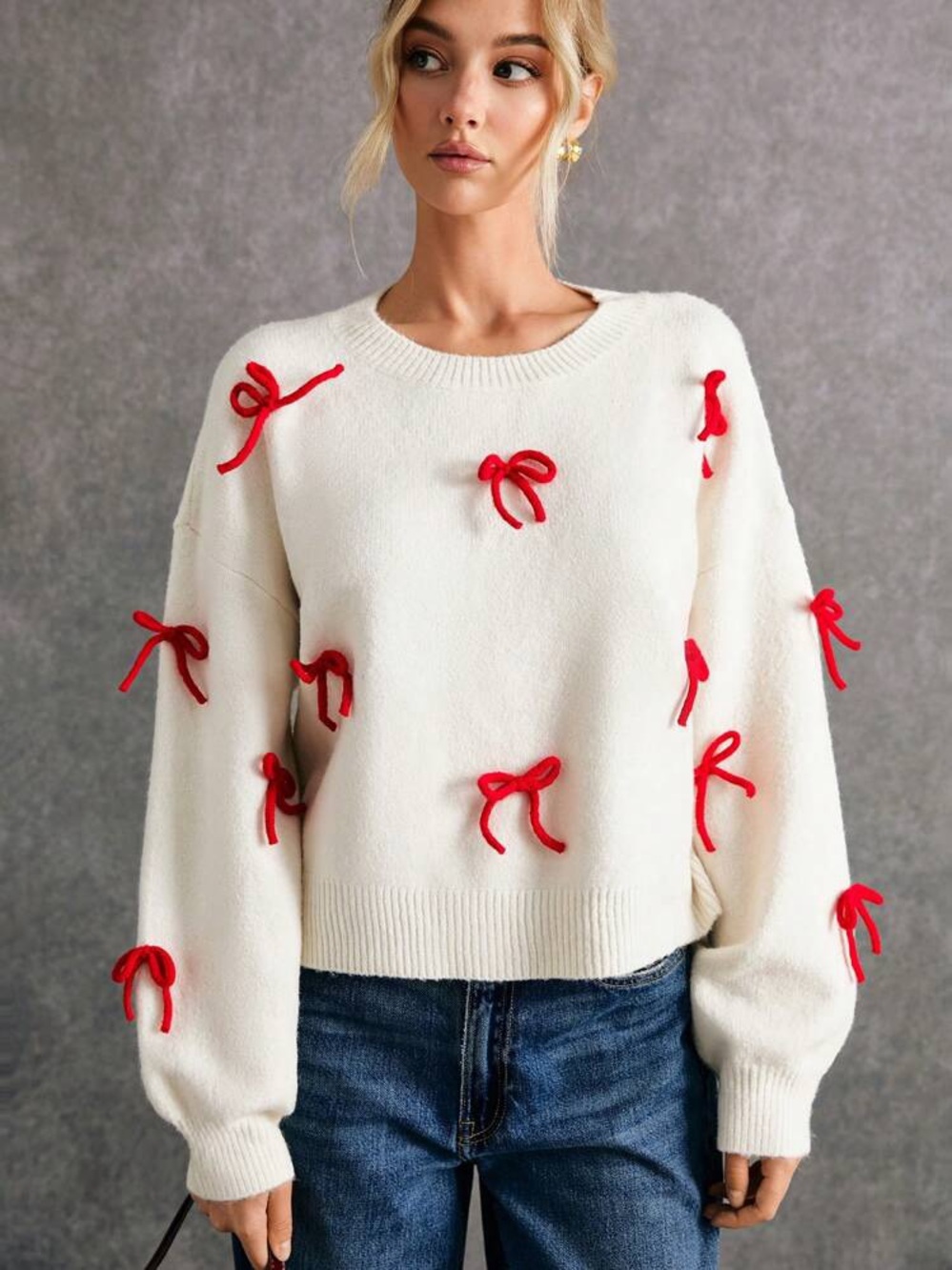 SHEIN Cream Crewneck Sweater with Red Bow Details